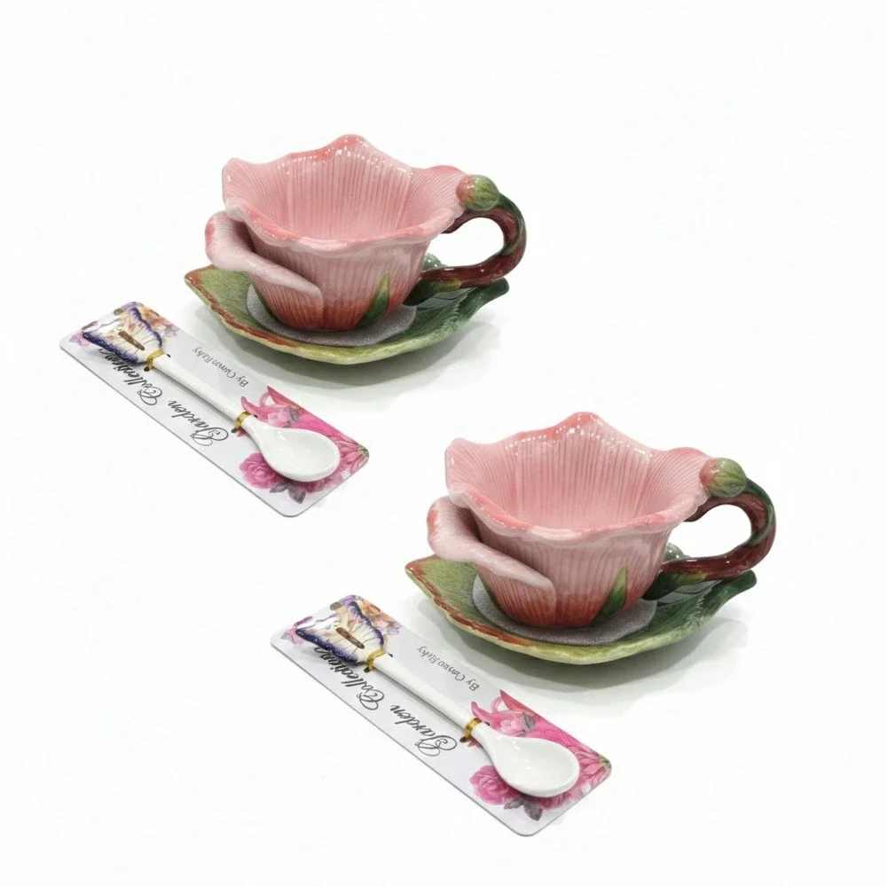 CornerRuby Garden Collection Pink Rose Tea‎ Cup Leaf Saucer Butterfly Spoon Set